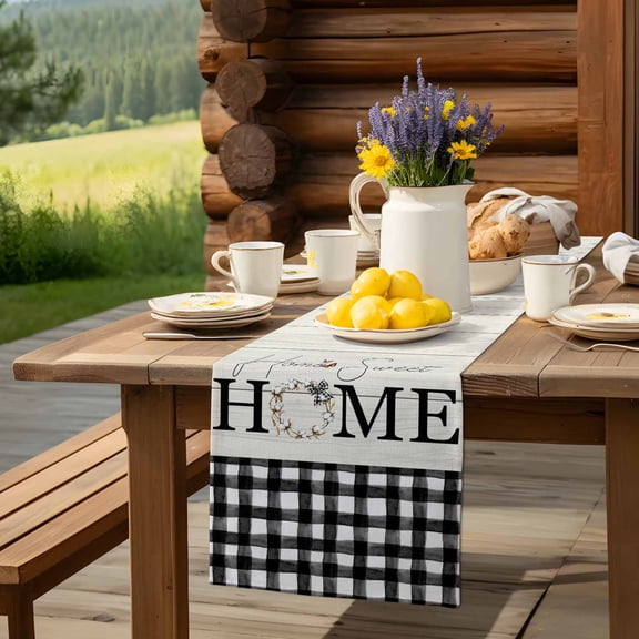 Home Black White Gingham Check Table Runner 13x36in Non-Slip Cotton Linen Table Runners, Farm Vintage Wood Board Dresser Scarves TableRunner for Dinner Kitchen Dining Wedding Party