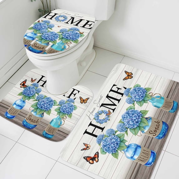 Home Blue Hydrangea Bathroom Rugs Set Vase Vintage Watercolor Art Decor Non Slip Absorbent Soft Bath Mats 3 Piece Set with Bathroom Rug, U-Shaped Floor Mat, Toilet Seat Cover Small Size