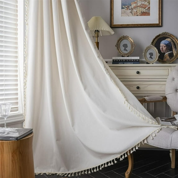 Home Boho Curtains Crochet Lace Patchwork Semi-Blackout Bohemian Handmade Tassels, Rod Pocket Window Treatment Vintage Rustic Farmhouse Drapes for Living Bedroom