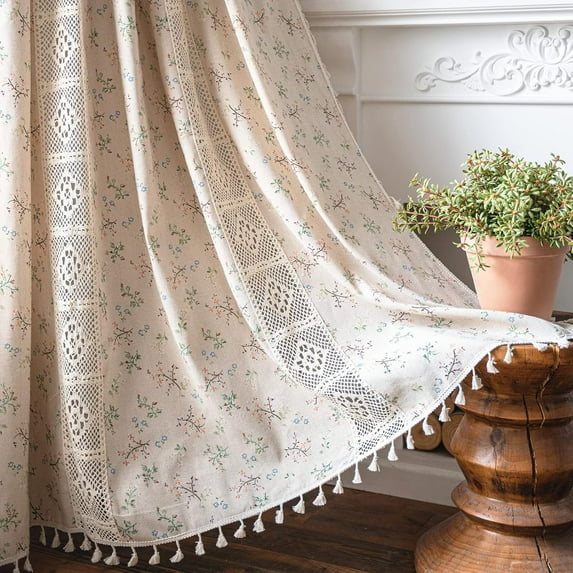 Home Boho Curtains Crochet Lace Patchwork Semi-Blackout Bohemian Handmade Tassels, Rod Pocket Window Treatment Vintage Rustic Farmhouse Drapes for Living Bedroom