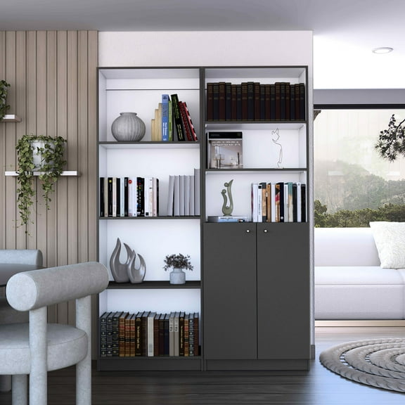 Home Bookcase , 49" Wide. 9 Shelves In Gray/white Matte. Spacious Storage For Books, Decor. Versatile Design With Open & Concealed Storage. Elegant Finish. Construction. Fits Living Rooms, Offices,
