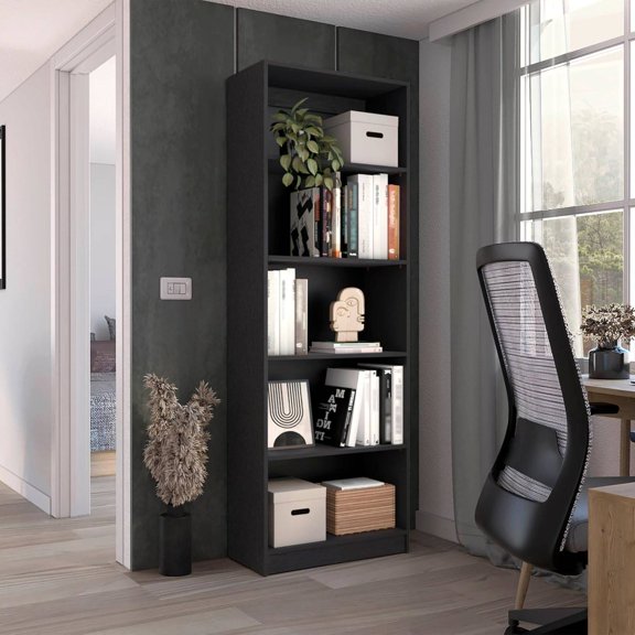 Home Bookcase with Four Multi-Tiered Shelves and Lower Storage Section, Modern Open Design, Engineered Wood Construction