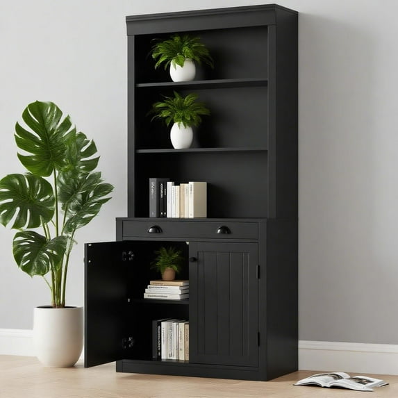 Home Bookshelf and Bookcase with Doors, 5-Tier Wooden Bookshelves with 1 Drawer, Adjustment Shelf, 71'' Tall Bookshelf with Storage Cabinets, for Home Office, Living Room, Library