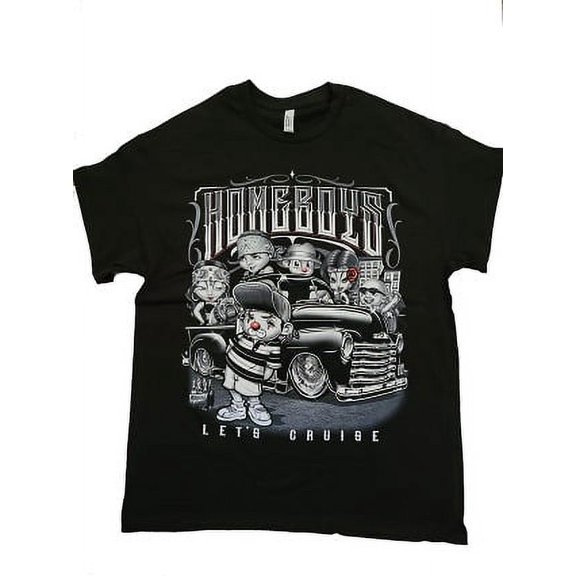 Home Boys T-Shirt Lets Cruise  Mexican T-Shirt Cholo T-Shirt Screen Printed  - Black Color - Free USA Shipping - Men's Size: Medium - Uni-Sex Style  (MxTs-HB5-SI-M)