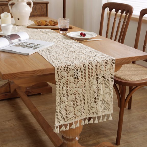 Lace Braided Table Runner, Mesh Woven with Vintage Woven Fabric for Boho Spaces, Hollowed-out Design for Easy Care Farmhouse Decor (Classic Beige)