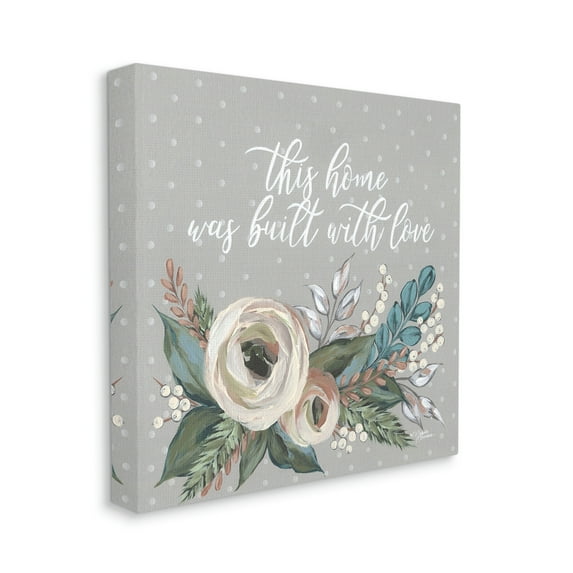 Home Built With Love Quote Assorted Bouquet Botanical & Floral Gallery-Wrapped Canvas Print Wall Art, 17x17
