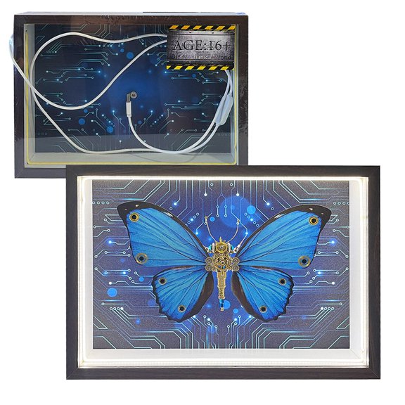 Home Butterfly Decorations, 3D Metal Butterfly Puzzle Kit with Rechargeable LED Frame, 150PCS Steampunk DIY Assembly, Magnetic Desk Wall Decor Gift for Family and Friends