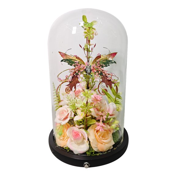 Home Butterfly Decorations Metal Mechanical Winged Insect Glass Dome Decor, Preserved Rose and Hydrangea with LED Light, Romantic Desk Ornament Gift for Her, Anniversary, Valentine’s Day