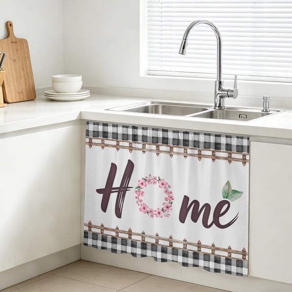 Home Cabinet Curtains for Kitchen 10"W x 11"L, Spring Floral Ring Leaf Wooden Barriers Gray White Plaid Under Sink Skirt Magic Tape Short Curtain Decorative Privacy Panel for Bathroom Laundry