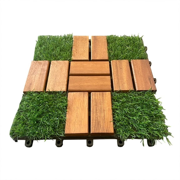 Home Cal Interlocking Deck Tile (Pack of 10, 12"x12") Acacia Hardwood and Grass Deck Tile, Interlocking Patio Tile in Solid Acacia Wooden Oiled Finish Waterproof all Weather Perfect for Indoor Outdoor