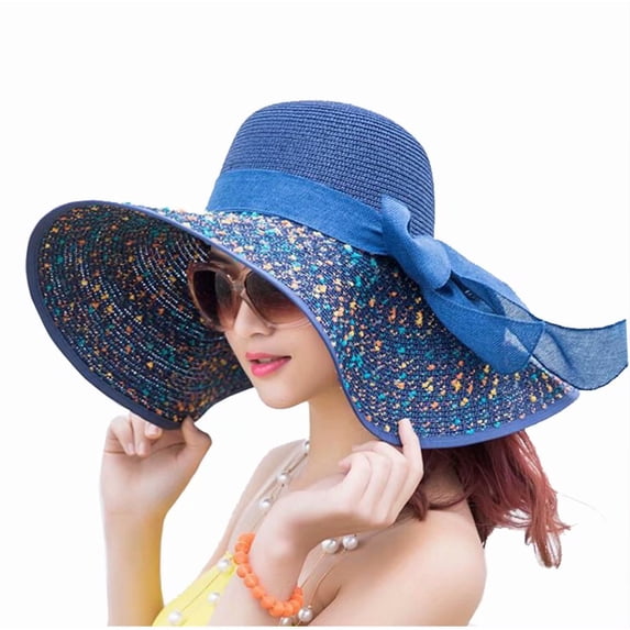 Home Cal Women Foldable Straw Hat Bowknot Decor Beach Seaside Vacation Hat Lady Floppy Cap UPF 50+,Dark Blue