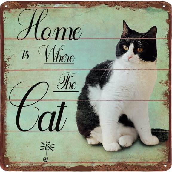 Home is Where The Cat is Quote Metal Tin Sign Gifts for Cat Lovers Pet Cat Sign, Kitty Sign, Animal Wall Art, Plaque Hanging Wall Art for Home Office Cafes Bedroom Bathtoom 12x12 inches