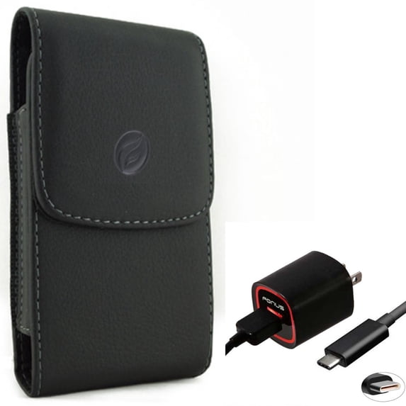 Home Charger + Case Belt Clip for Motorola One 5G Ace Phone - 2.4A USB Cable TYPE-C 6ft and Leather Holster Cover Pouch Combo for Motorola One 5G Ace (2021)