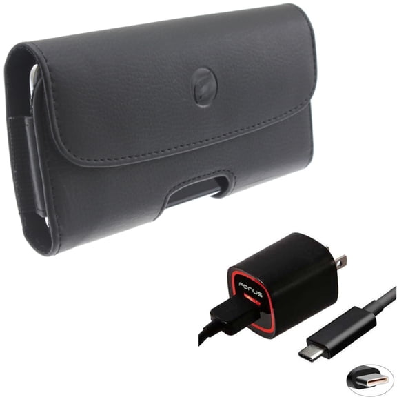 Home Charger + Case Belt Clip for Motorola One 5G Ace Phone - 2.4A USB Cable TYPE-C 6ft and  Leather Holster Cover Pouch Combo for Motorola One 5G Ace