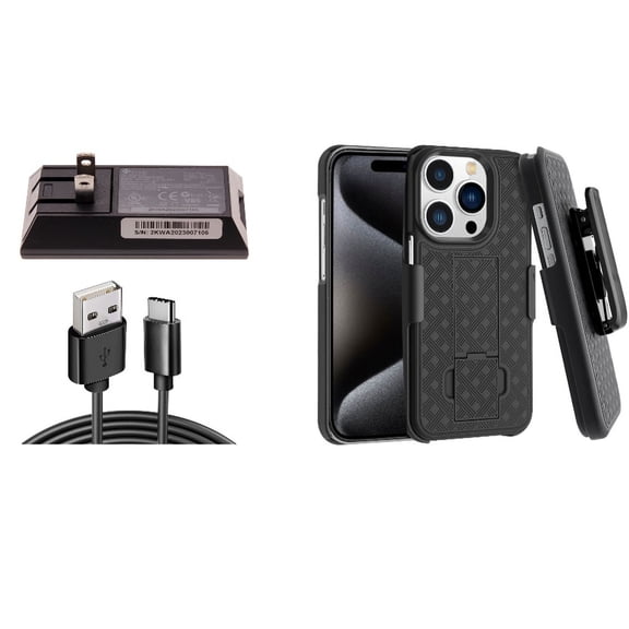 Home Charger & Case Belt Clip for iPhone 15 Pro - 6ft Long USB-C Cable Wall Power Adapter Type-C Charging Cord and Holster Swivel Cover Kickstand D3G for iPhone 15 Pro (6.1")