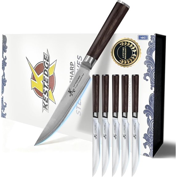 For Home Chefs & Hosts Damascus Steak Knives Set of 6, 67-Layer 9Cr18MoV Steel Non Serrated Straight Edge, Full Tang Wooden Handle, Rust Proof Luxury Gift Box for Wedding Anniversary