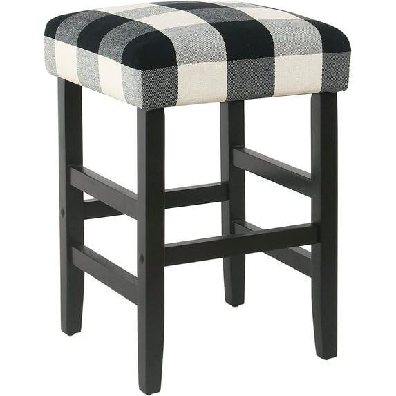 Home | Classic Open-Back Counter Height Barstool | Square 24 Inch Bar Stools with Domed Cushion, Black Plaid