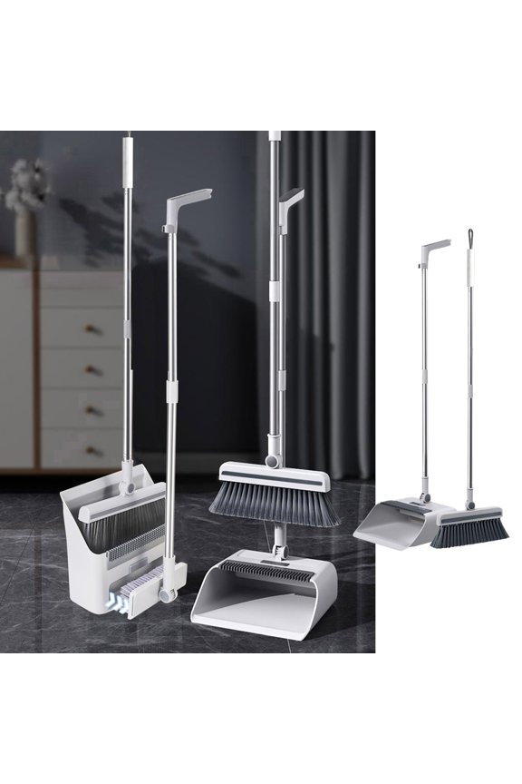 Home Clean Essential Space-Saving Broom & Dustpan Set with 180° Rotating Head & Built-in Comb - 33" Long Handle Plastic Cleaning Kit for Pet Hair/Corners, Vertical Storage Design -