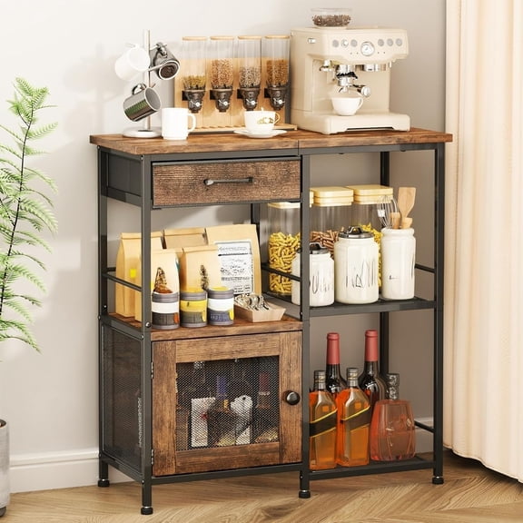 Coffee Bar Cabinet for Home - Farmhouse Coffee Stand Station Multi-Purpose Storage Cabinet with Adjustable Feet, Drawers - Kitchen Bar Table for Living Room, Corner, Small Space, Black