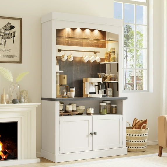 Home Coffee Bar Cabinet with Storage LED Buffet Cabinet 72" Farmhouse Kitchen Sideboard Tall Coffee Hutch Cabinet with Microwave Stand/Wine Rack/Glass Shelf Kitchen, Dining Room, Living Room