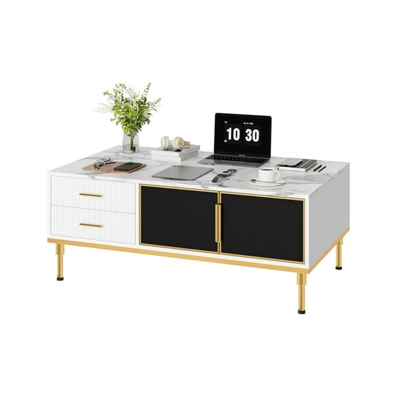 Home Coffee Table with 4 Drawers, Modern Wooden Center Table with Glass Doors and Adjustable Metal Legs for Living Room, Bedroom, Office