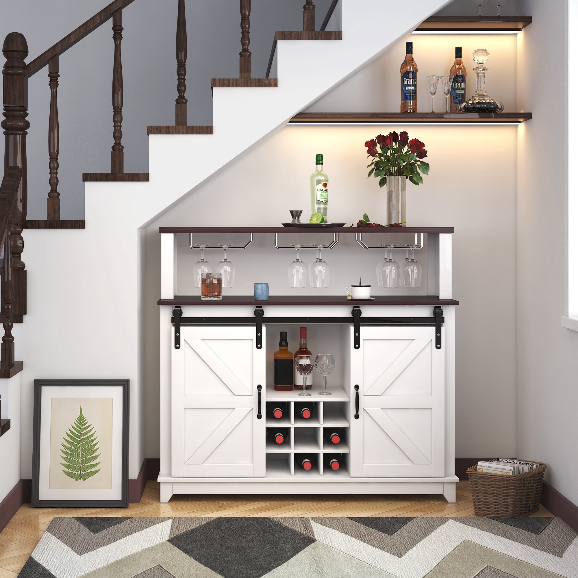 Home Coffee Wine Bar Station for Liquor,Farmhouse Coffee Bar Cabinet Hutch with Wine Storage 6 Glass Rack Sliding Barn Door