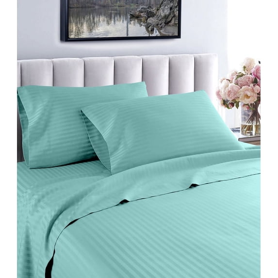 1200 Thread Count Twin Size Deep Pocket Stripe Cotton Sheet Set (Twin, Aqua)
