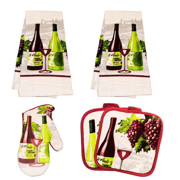 Home Collection 5-Piece Wine Themed Kitchen Dish Cloth Towel Set, Red Wine Glass Pattern, 100% Cotton