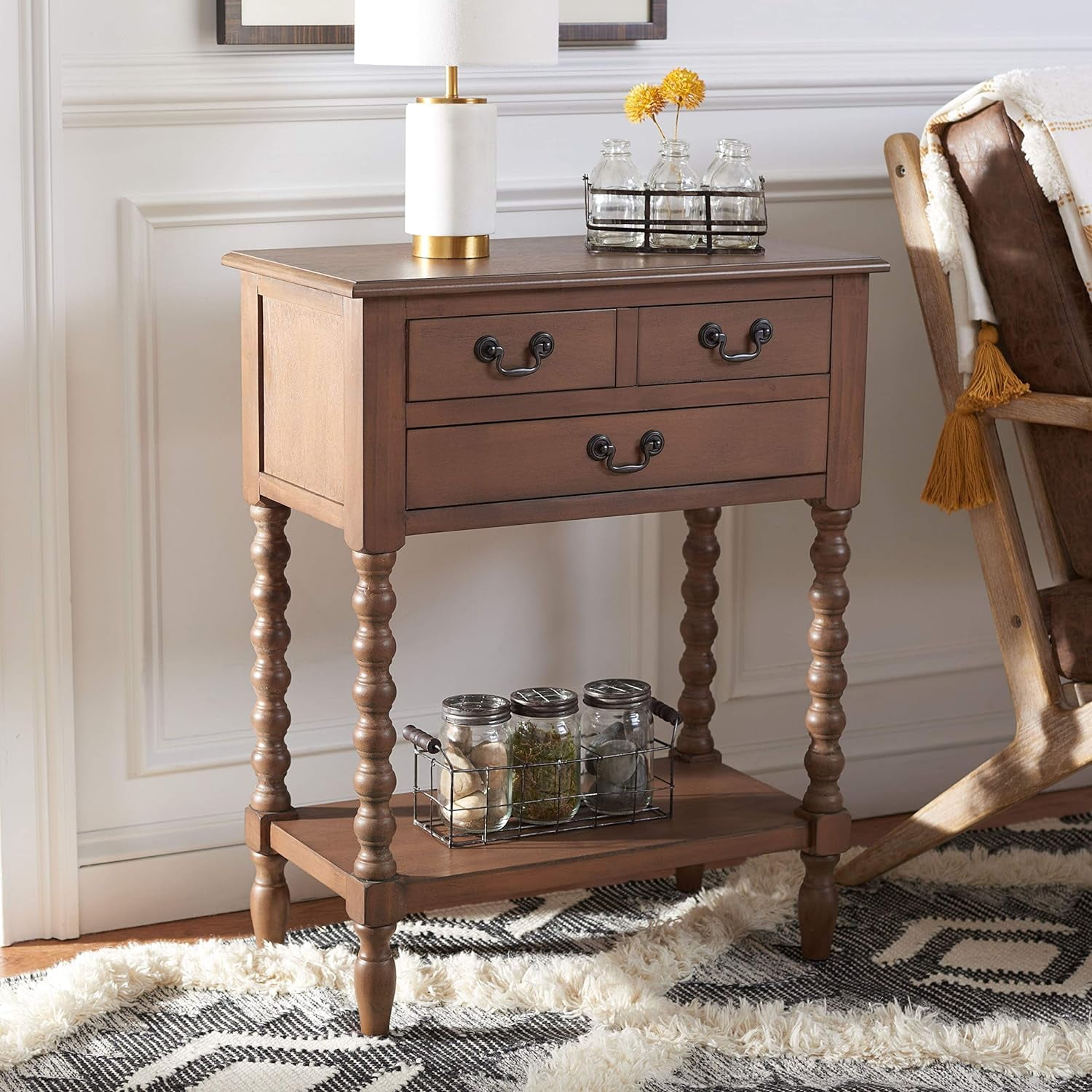 Athena Brown Wood and Metal 3-Drawer Console Table
