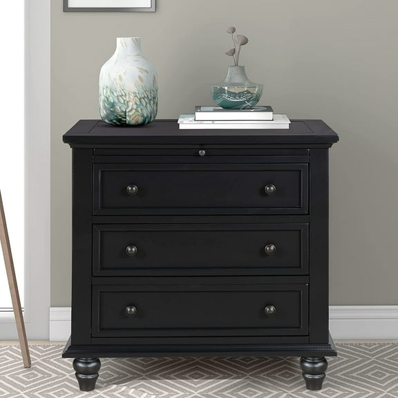Home Collection Bedside End Table with 3 Drawers, Wood Side Table with Pull Out Tray for Home, Bedroom, Living Room (Black), Black