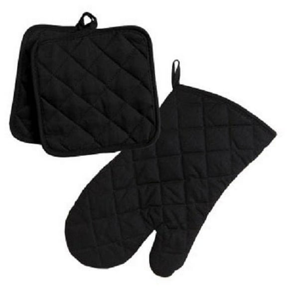 Home Collection Black 3pc Set Oven Mitt & Potholders C48