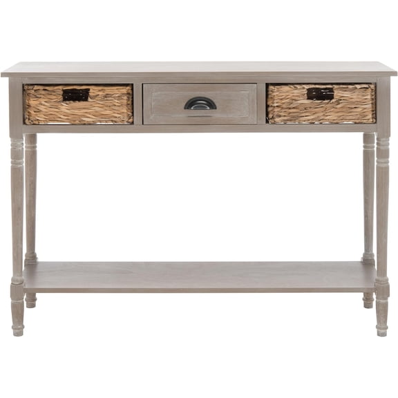 Home Collection Christa White Wash Console Table with Rattan Drawers & Shelf, Coastal Cottage Storage Console, Vintage Design (AMH5737E)