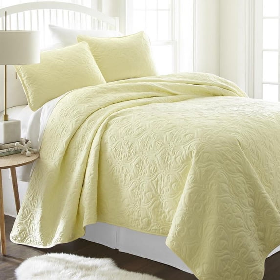 Home Collection Damask Microfiber Coverlets, Queen, Yellow, 3-Pieces