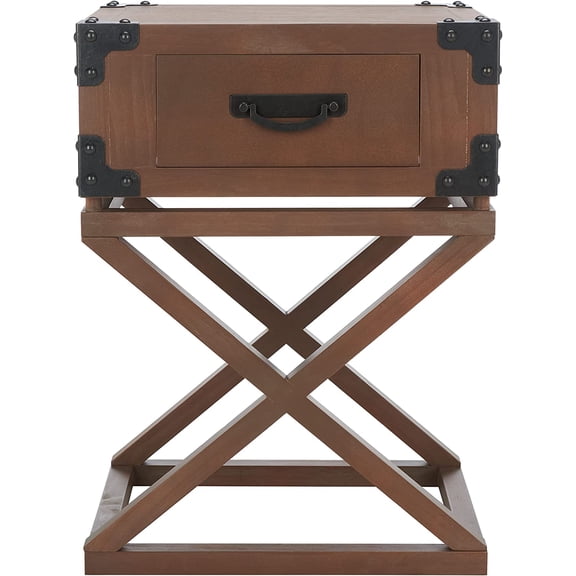 Home Collection – Dunstan Sepia Accent Table with Drawer, British Campaign Style Side Table, Trunk Corner Detail (AMH5720B)