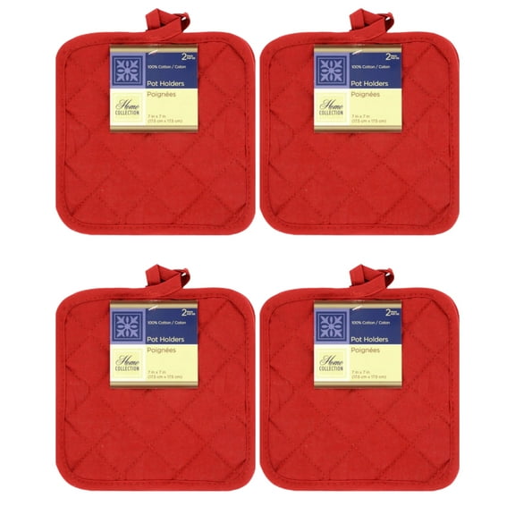 Home Collection Pot Holder Cotton for Home Kitchen, Set of 4 Total 8 Count. (Red) - 7" Square