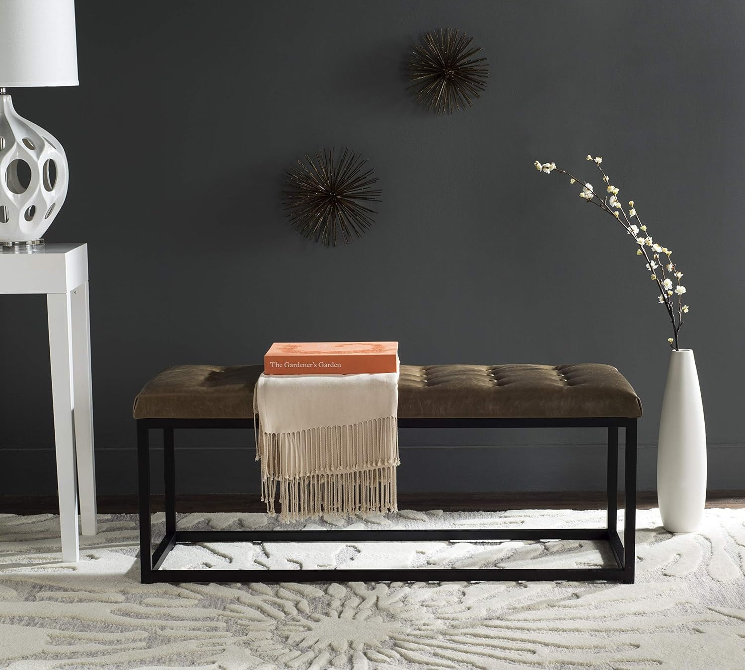 Reynolds 48" Tan and Black Upholstered Bench with Parsons Legs