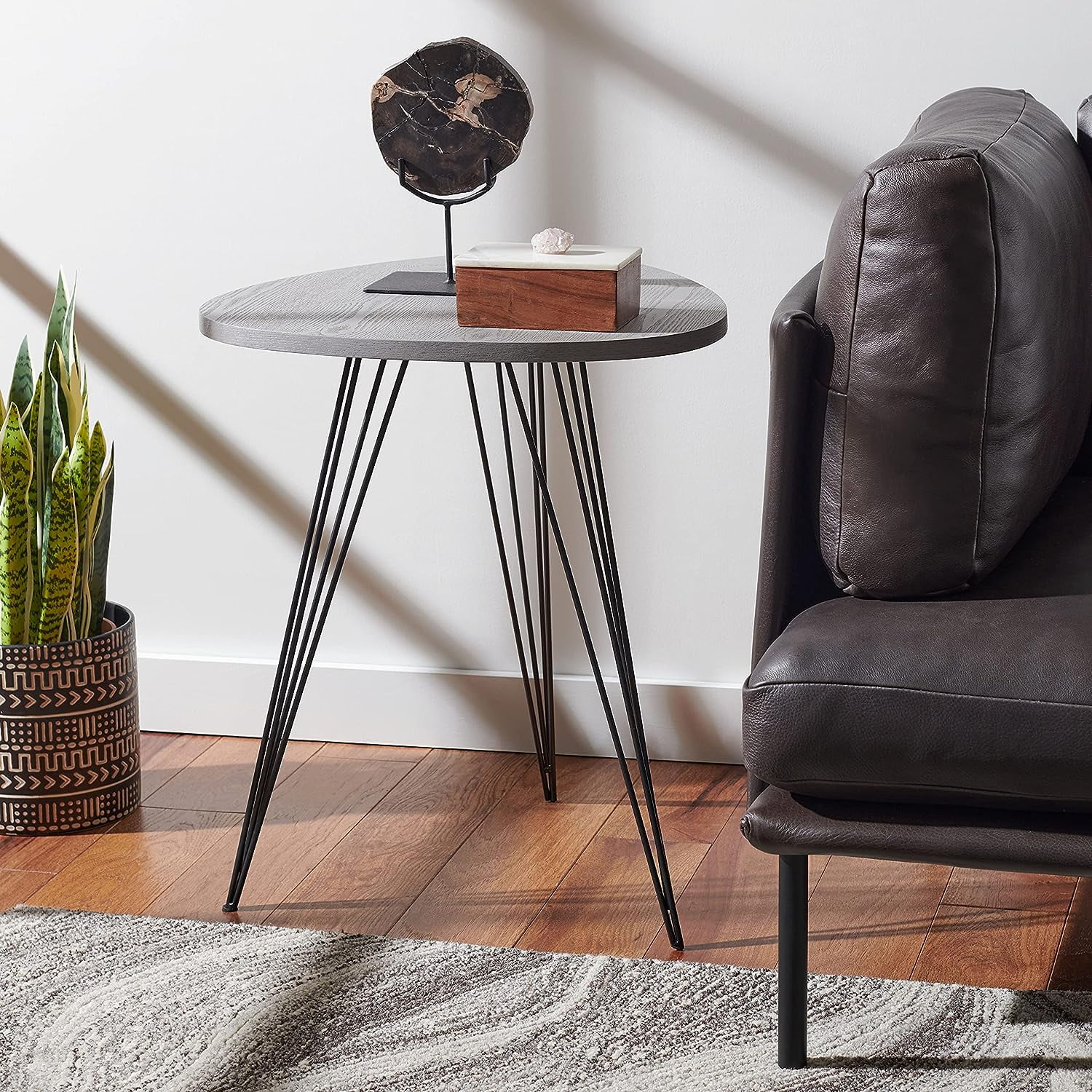 Transitional Round Grey & Black Wood Metal Side Table - 20"