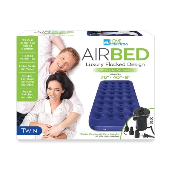Home Collections Queen Air Mattress, 48 Coil Luxury Flocked Design, 80 x 60 x 9 inches, with Air Pump, Blue Twin