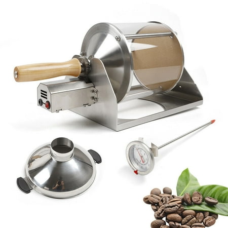 Home & Commercial Coffee Bean Roaster, Coffee Roasting Machine 30R/MIN 12V Silver Bean Nuts Roasting Baking Machine with Wooden Handle
