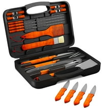 Home-Complete 22-Piece Wood BBQ Grill Tool Set with Case and 4 Steak Knives