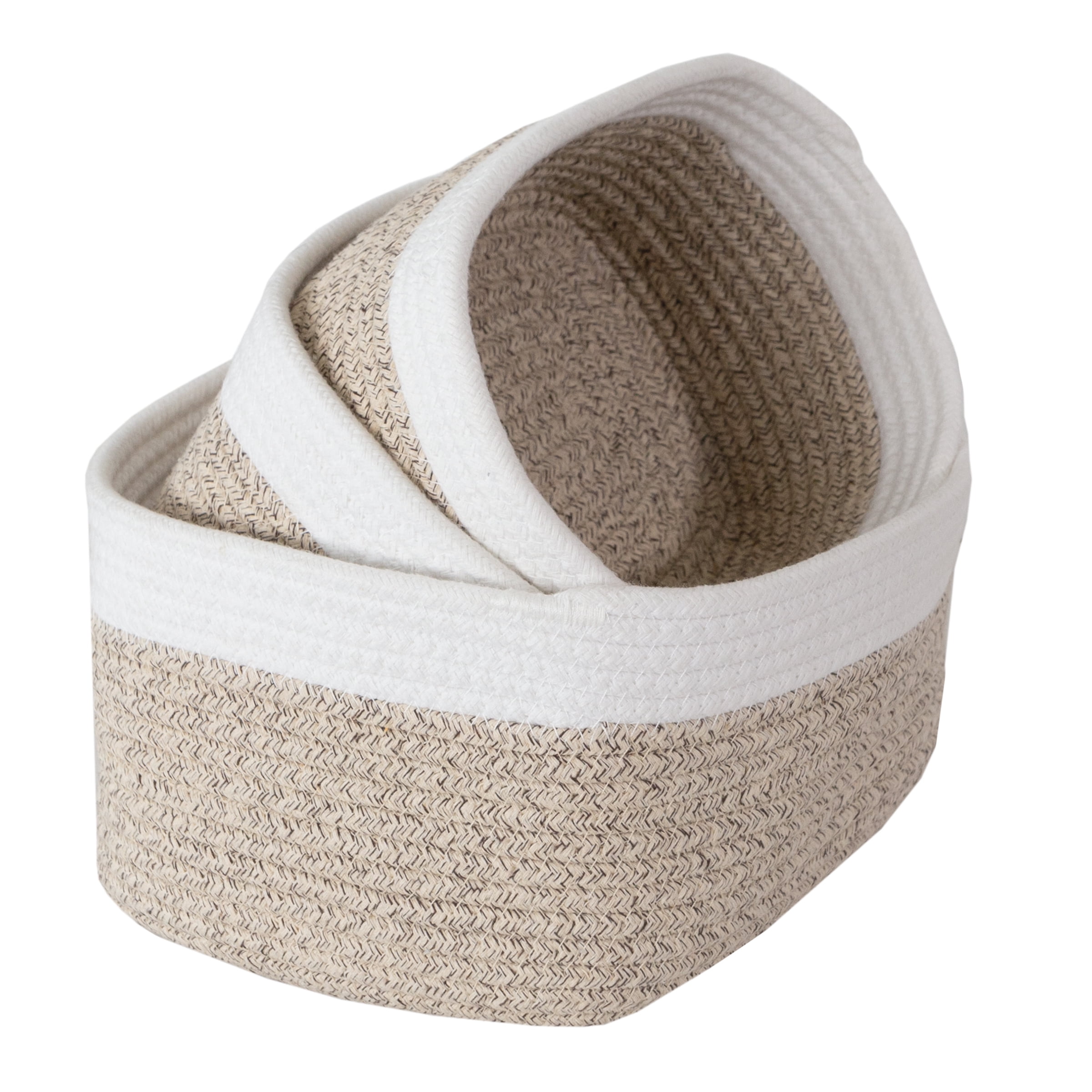 Natural and White Cotton Rope 3-Piece Storage Basket Set