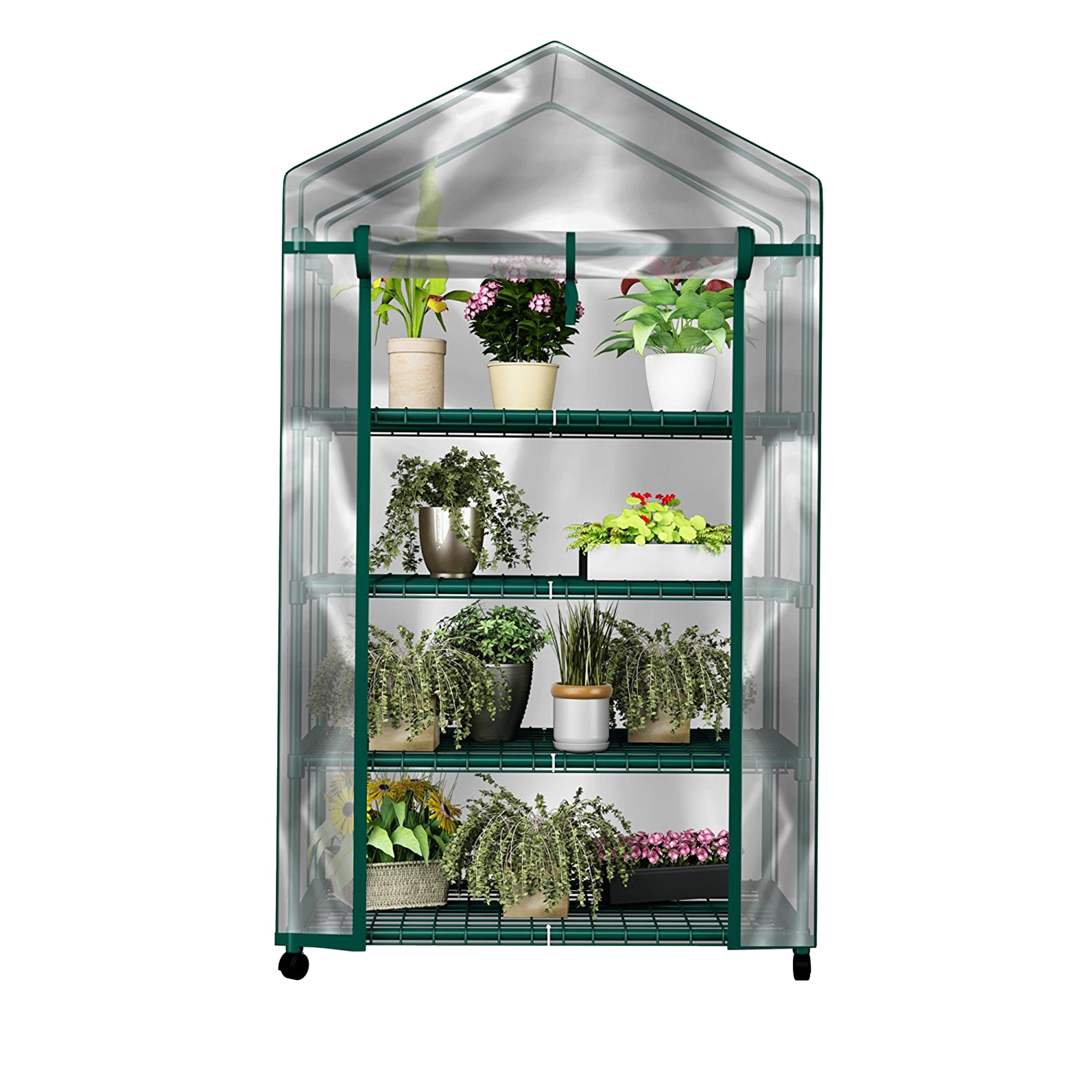 4-Tier Green PVC Portable Mini Greenhouse with Alloy Steel Frame