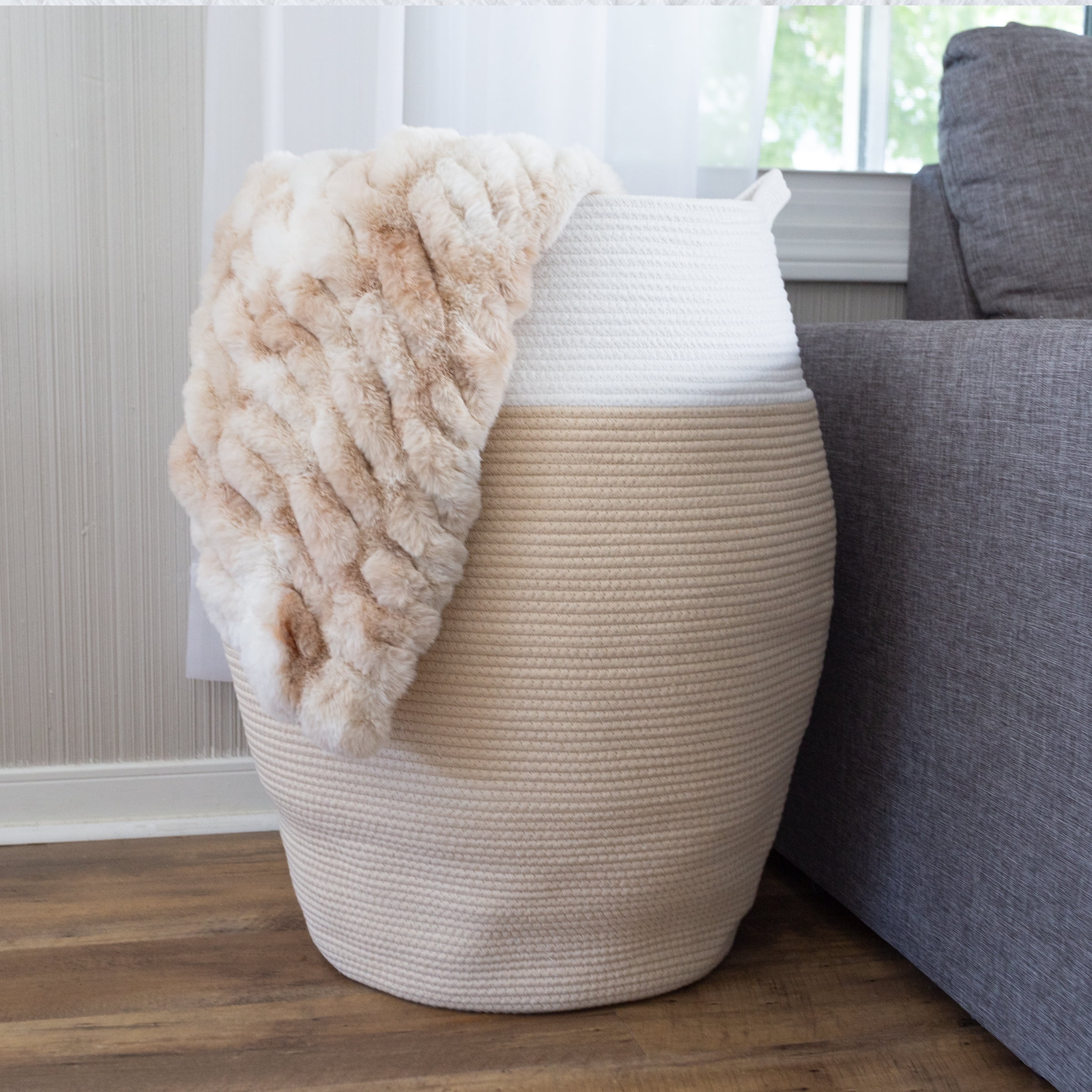 Home-Complete Cotton Rope Laundry Basket with Handles for Adult, Natural