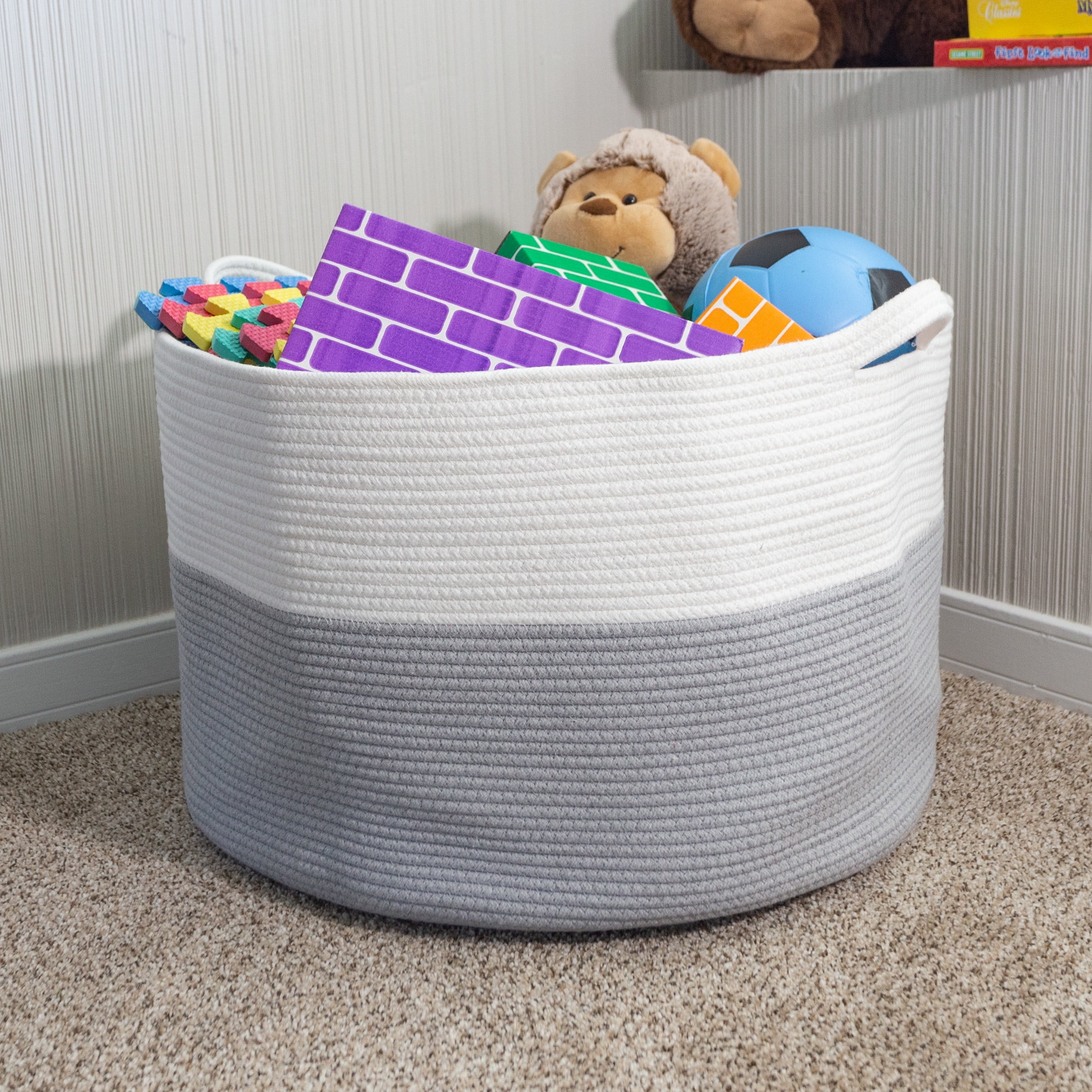 Extra-Large Gray and White Woven Cotton Rope Basket