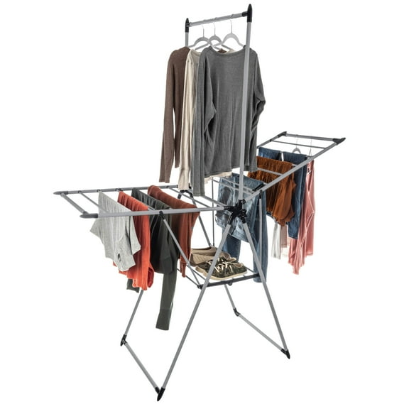 Home-Complete Foldable Clothes Drying Rack with 24 Rails and Hanging Bar