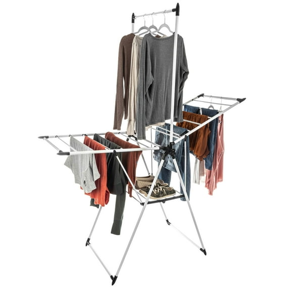 Home-Complete Foldable Clothes Drying Rack with 24 Rails and Hanging Bar