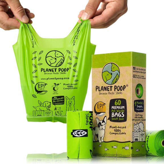 Home Compostable Dog Poop Bags for Small Pets, 60 Mini Size Dog Waste Bags with Handles, Un-Scented Leakproof Doggy or Cat Bag, Plant Based Pet Supplies