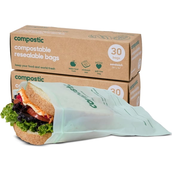 Home Compostable Resealable Sandwich Bags, Microwave & Freezer Safe, Organic Food Storage Container, 60 Count