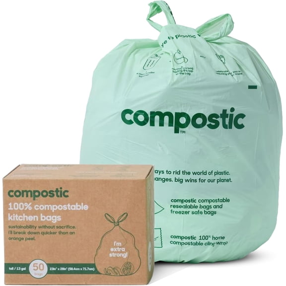 Compostable Trash Bags, 13 Gallon Tall Kitchen (50 Count) Starter Pack Extra Strong, Home Compostable, Plant-Based, Non-Toxic, Unscented Garbage Bags