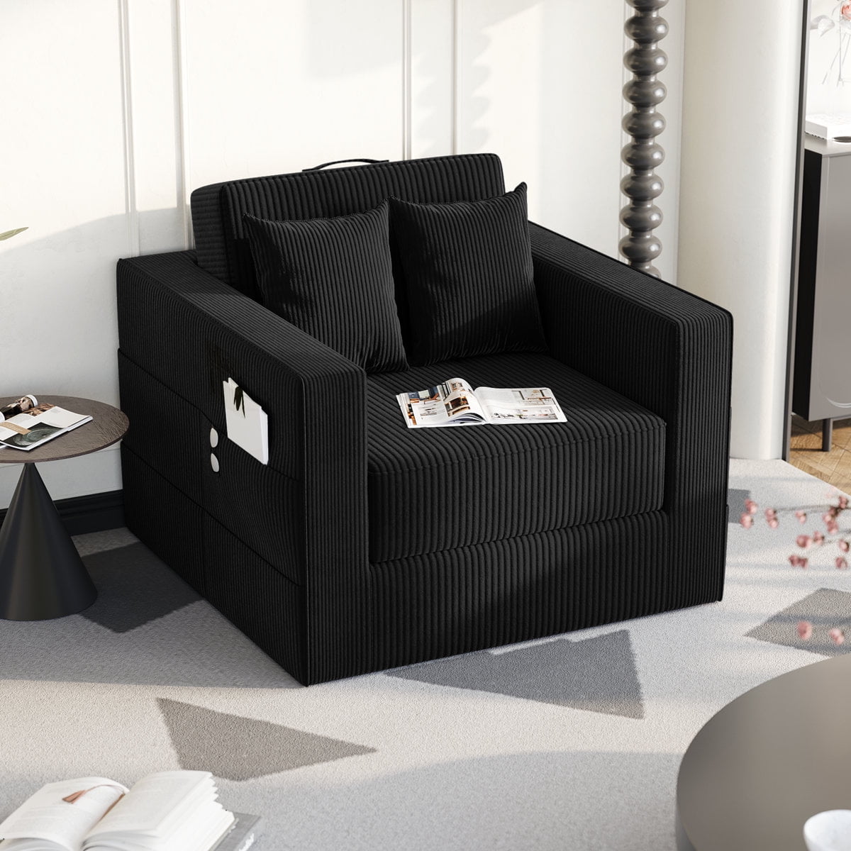 Home Compression Sofa - Foldable 45" 3 Seat Convertible Sleeping Sofa Bed, Single Folding Floor Sleeper Small Sofa W/Pillow & Storage for Bedroom Living Room (Corduroy,Black,No Assembly)